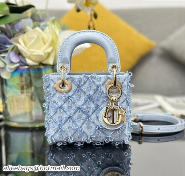 New Design Dior Satin Micro Lady Dior Bag with Beads Bow S0856 Light Blue 2024