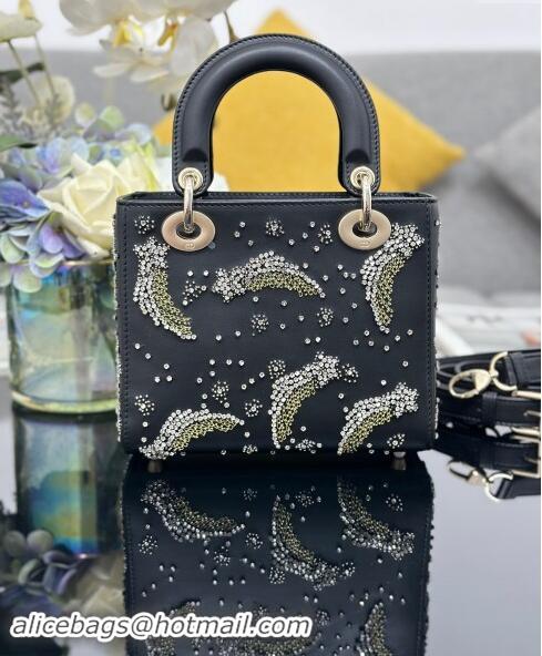 Top Quality Dior Small Lady Dior Bag in Calfskin with Beads Shooting Star D1212 Black 2024