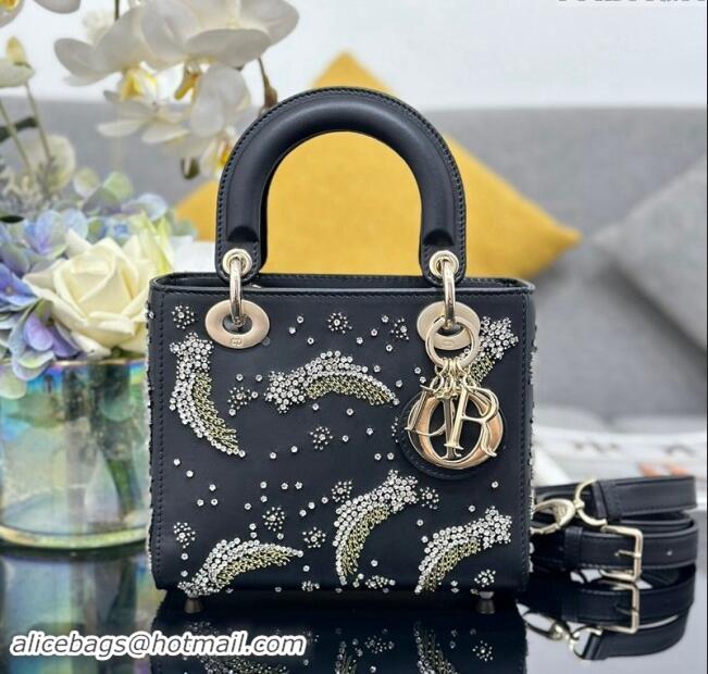 Top Quality Dior Small Lady Dior Bag in Calfskin with Beads Shooting Star D1212 Black 2024