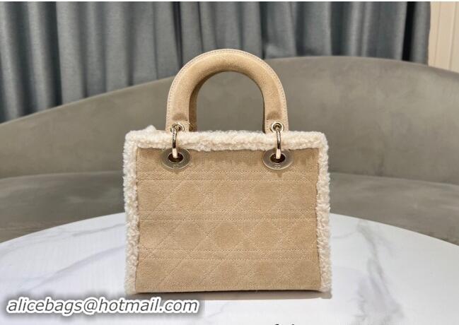 Buy Cheap Dior Lady Dior Small Bag in Beige Suede and White Shearling D2064 2024