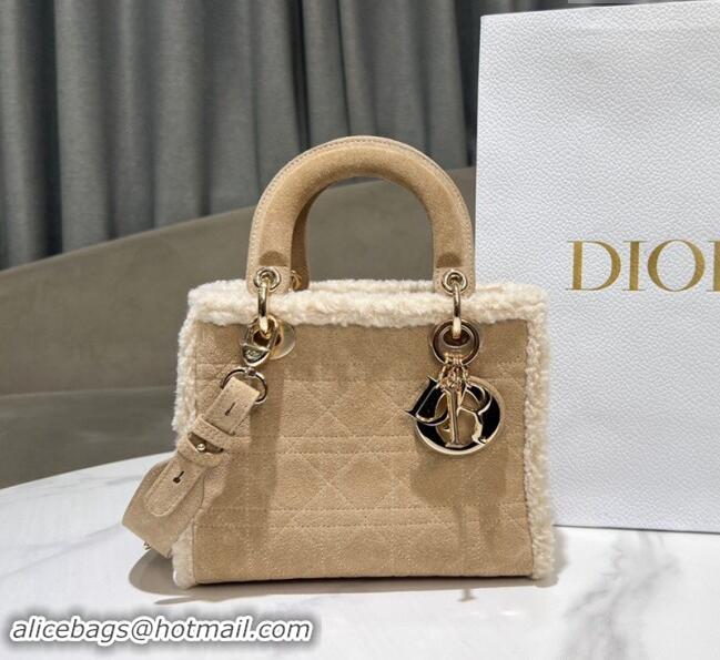 Buy Cheap Dior Lady Dior Small Bag in Beige Suede and White Shearling D2064 2024