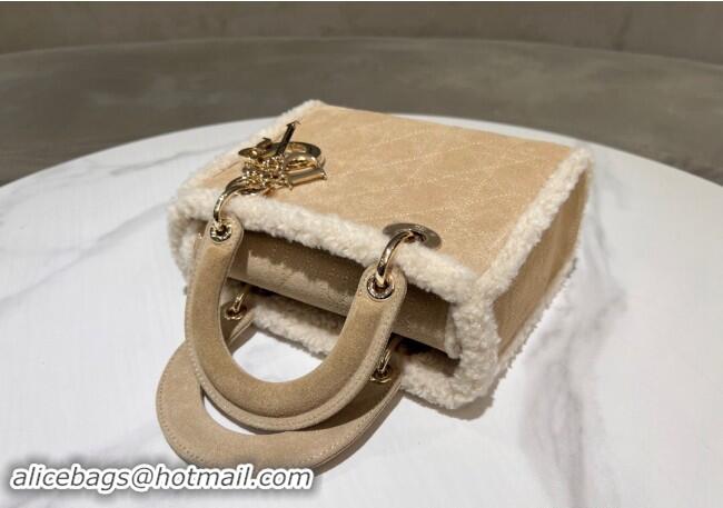 Buy Cheap Dior Lady Dior Small Bag in Beige Suede and White Shearling D2064 2024