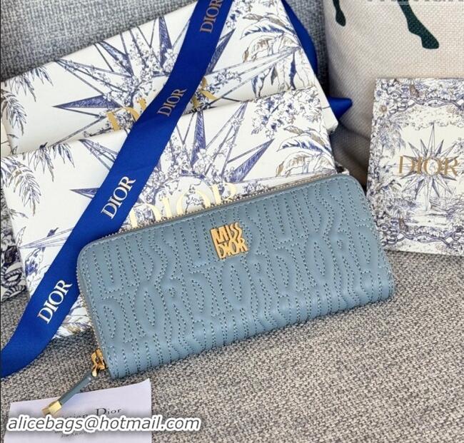 Famous Brand Dior Miss Dior Freesia Zip Long Wallet in Lambskin with Quilted Miss Dior Allover Motif 2069 Light Blue 202