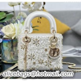 Buy Cheap Dior Snowflake Micro Lady Dior Bag in Latte White Satin Embroidered with White Resin Pearls D2075 2024