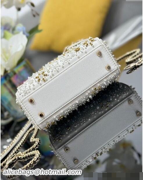 Buy Cheap Dior Snowflake Micro Lady Dior Bag in Latte White Satin Embroidered with White Resin Pearls D2075 2024