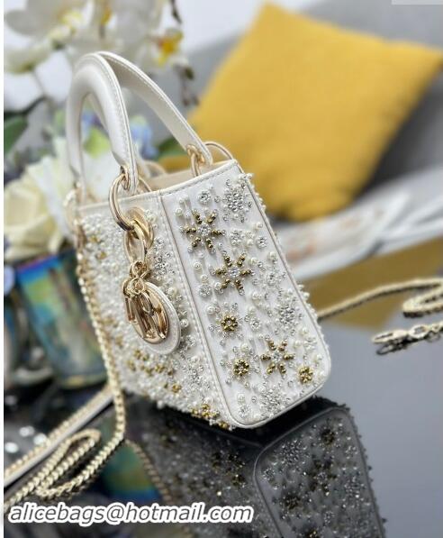 Buy Cheap Dior Snowflake Micro Lady Dior Bag in Latte White Satin Embroidered with White Resin Pearls D2075 2024