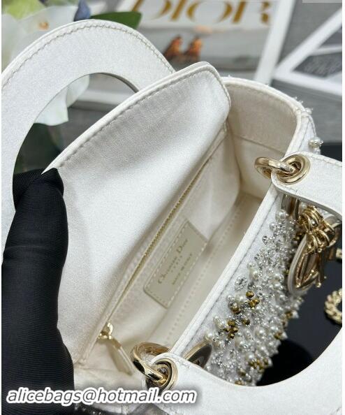 Buy Cheap Dior Snowflake Micro Lady Dior Bag in Latte White Satin Embroidered with White Resin Pearls D2075 2024