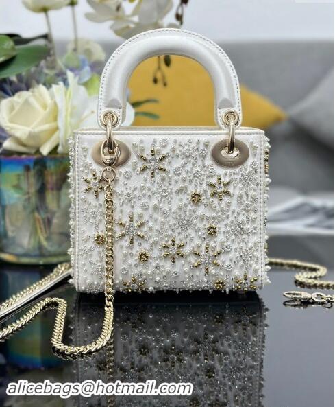 Buy Cheap Dior Snowflake Micro Lady Dior Bag in Latte White Satin Embroidered with White Resin Pearls D2075 2024