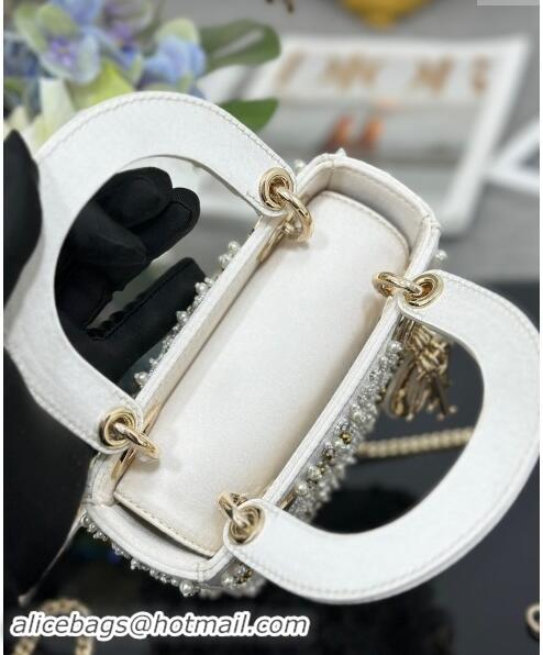 Buy Cheap Dior Snowflake Micro Lady Dior Bag in Latte White Satin Embroidered with White Resin Pearls D2075 2024