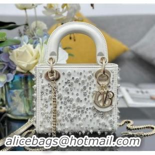 Grade Quality Dior Micro Lady Dior Bag in Latte White Satin Embroidered with White Resin Pearls D1212 2024