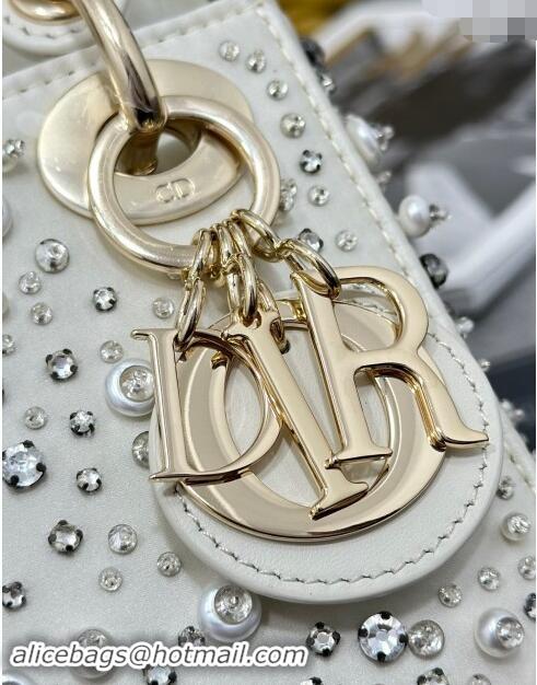 Grade Quality Dior Micro Lady Dior Bag in Latte White Satin Embroidered with White Resin Pearls D1212 2024