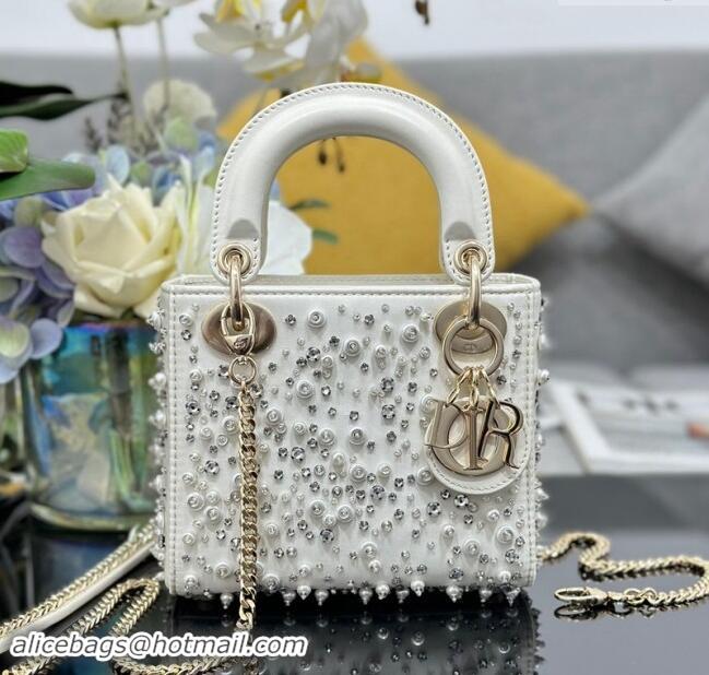 Grade Quality Dior Micro Lady Dior Bag in Latte White Satin Embroidered with White Resin Pearls D1212 2024