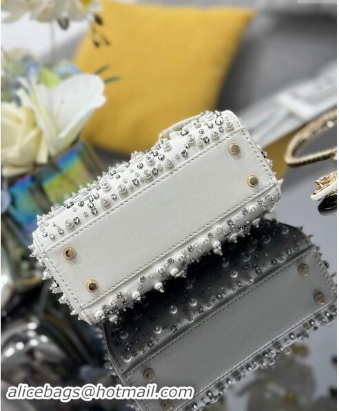 Grade Quality Dior Micro Lady Dior Bag in Latte White Satin Embroidered with White Resin Pearls D1212 2024