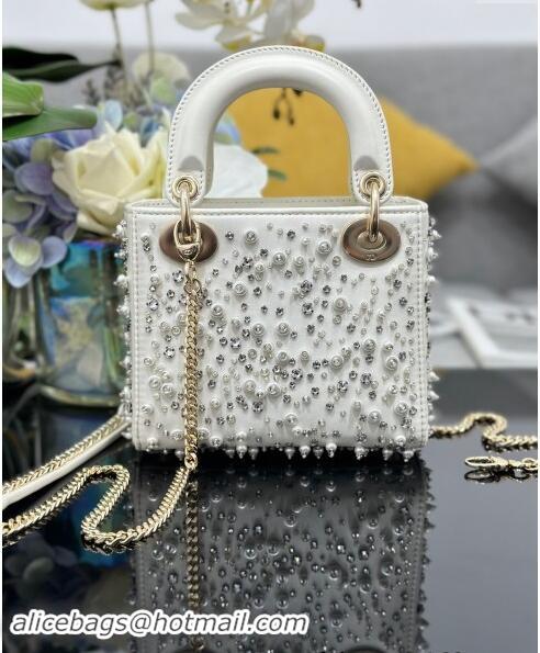 Grade Quality Dior Micro Lady Dior Bag in Latte White Satin Embroidered with White Resin Pearls D1212 2024