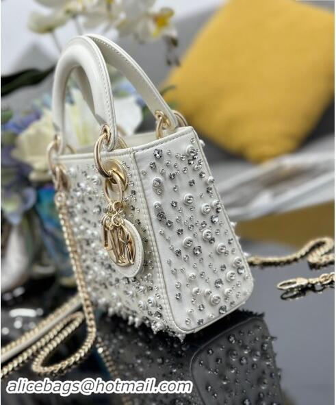 Grade Quality Dior Micro Lady Dior Bag in Latte White Satin Embroidered with White Resin Pearls D1212 2024