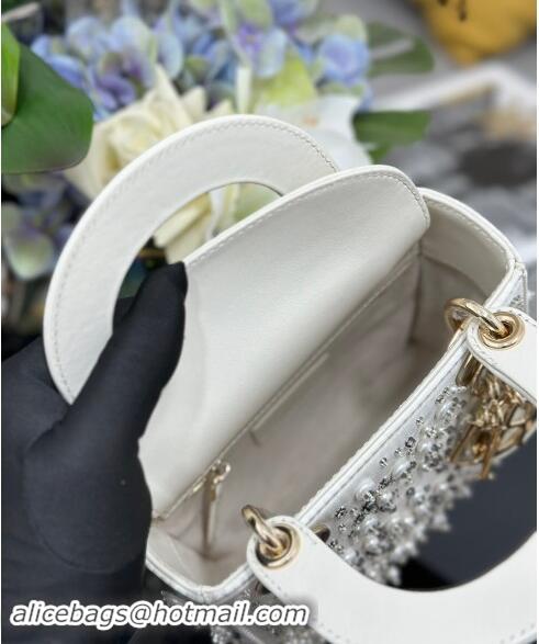 Grade Quality Dior Micro Lady Dior Bag in Latte White Satin Embroidered with White Resin Pearls D1212 2024