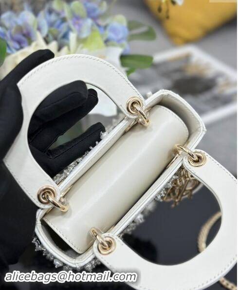 Grade Quality Dior Micro Lady Dior Bag in Latte White Satin Embroidered with White Resin Pearls D1212 2024