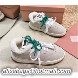 Good Quality Miu Miu Suede Sneakers with Double Laces and Wool Fur Lining Light Grey 1114025