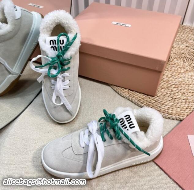 Good Quality Miu Miu Suede Sneakers with Double Laces and Wool Fur Lining Light Grey 1114025