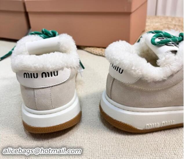 Good Quality Miu Miu Suede Sneakers with Double Laces and Wool Fur Lining Light Grey 1114025