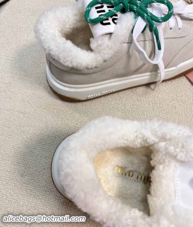 Good Quality Miu Miu Suede Sneakers with Double Laces and Wool Fur Lining Light Grey 1114025