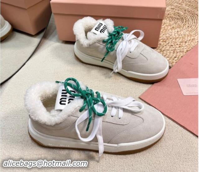 Good Quality Miu Miu Suede Sneakers with Double Laces and Wool Fur Lining Light Grey 1114025