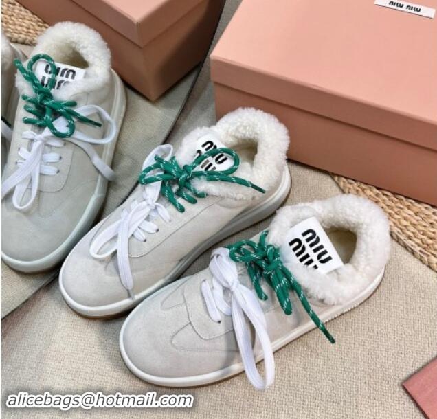 Good Quality Miu Miu Suede Sneakers with Double Laces and Wool Fur Lining Light Grey 1114025