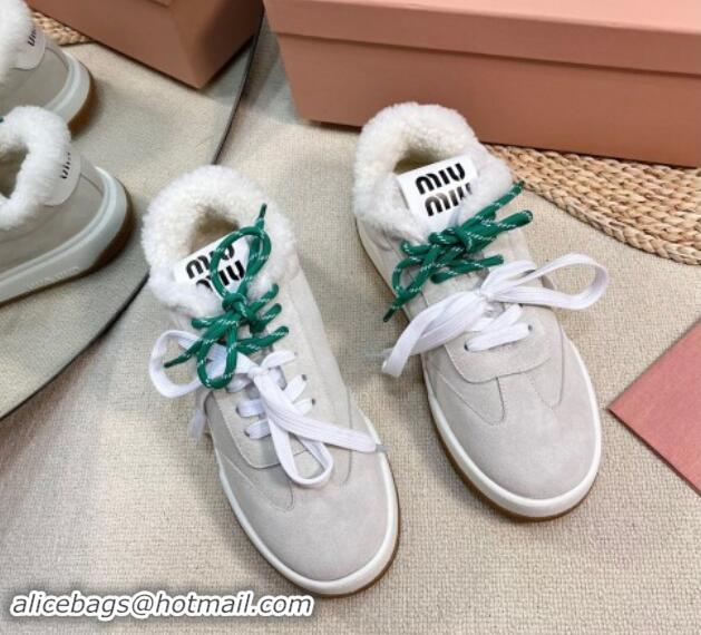 Good Quality Miu Miu Suede Sneakers with Double Laces and Wool Fur Lining Light Grey 1114025