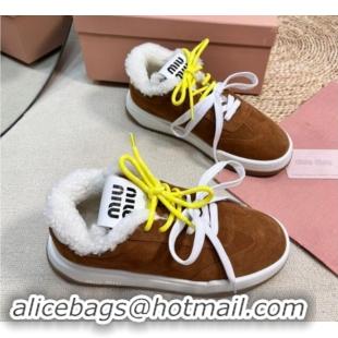 Classic Hot Miu Miu Suede Sneakers with Double Laces and Wool Fur Lining Brown 1114026