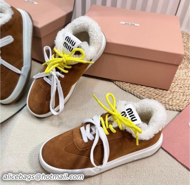 Classic Hot Miu Miu Suede Sneakers with Double Laces and Wool Fur Lining Brown 1114026