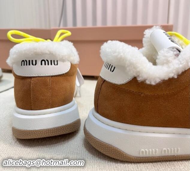 Classic Hot Miu Miu Suede Sneakers with Double Laces and Wool Fur Lining Brown 1114026