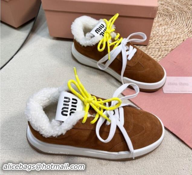 Classic Hot Miu Miu Suede Sneakers with Double Laces and Wool Fur Lining Brown 1114026