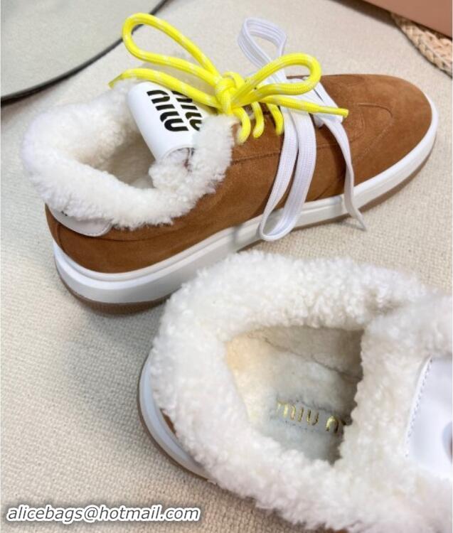 Classic Hot Miu Miu Suede Sneakers with Double Laces and Wool Fur Lining Brown 1114026