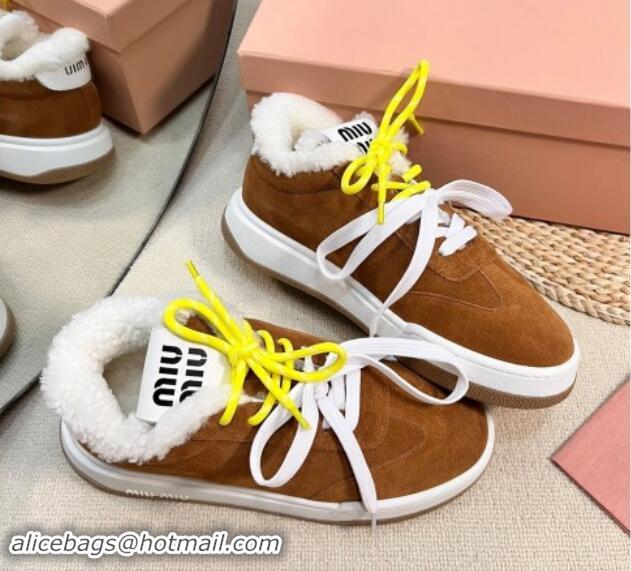 Classic Hot Miu Miu Suede Sneakers with Double Laces and Wool Fur Lining Brown 1114026