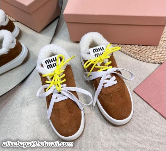 Classic Hot Miu Miu Suede Sneakers with Double Laces and Wool Fur Lining Brown 1114026