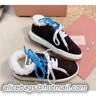 Grade Quality Miu Miu Suede Sneakers with Double Laces and Wool Fur Lining Black 114027