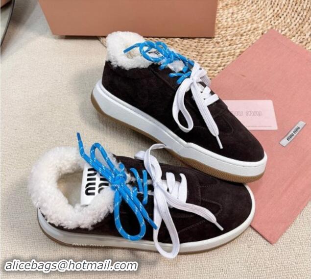 Grade Quality Miu Miu Suede Sneakers with Double Laces and Wool Fur Lining Black 114027