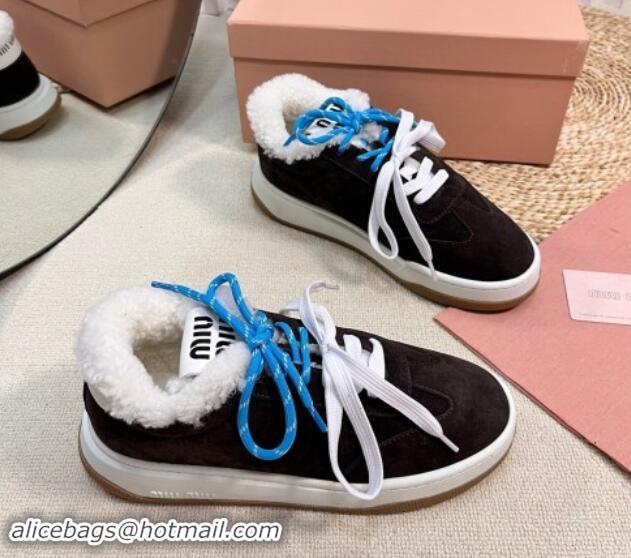 Grade Quality Miu Miu Suede Sneakers with Double Laces and Wool Fur Lining Black 114027