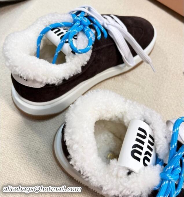 Grade Quality Miu Miu Suede Sneakers with Double Laces and Wool Fur Lining Black 114027