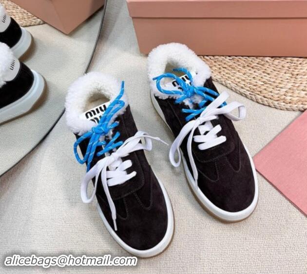 Grade Quality Miu Miu Suede Sneakers with Double Laces and Wool Fur Lining Black 114027