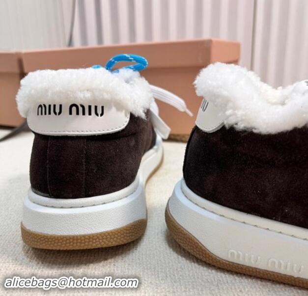 Grade Quality Miu Miu Suede Sneakers with Double Laces and Wool Fur Lining Black 114027