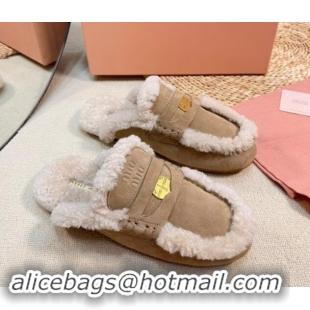 Purchase Miu Miu Suede and Shearling Wool Flat Mules with Coin Beige 1114029