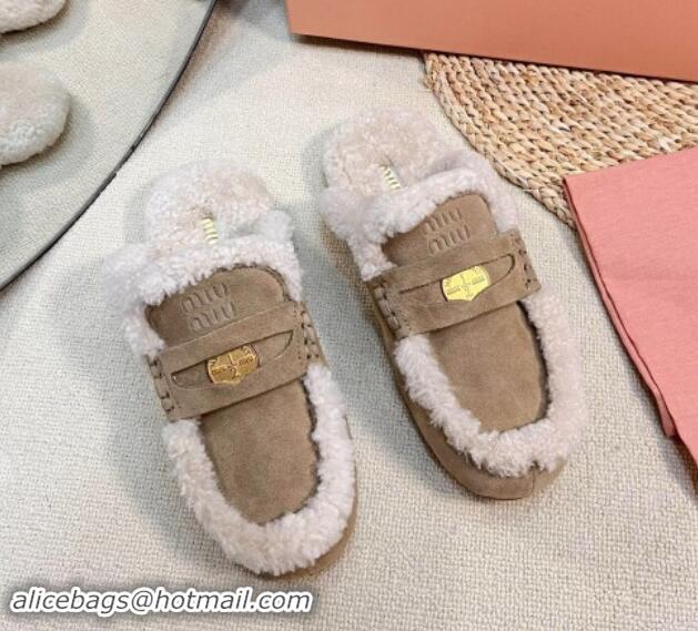 Purchase Miu Miu Suede and Shearling Wool Flat Mules with Coin Beige 1114029