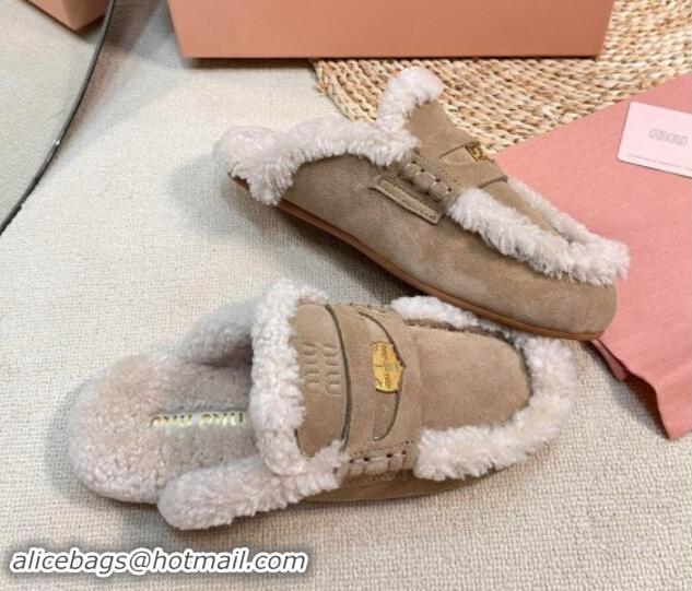 Purchase Miu Miu Suede and Shearling Wool Flat Mules with Coin Beige 1114029