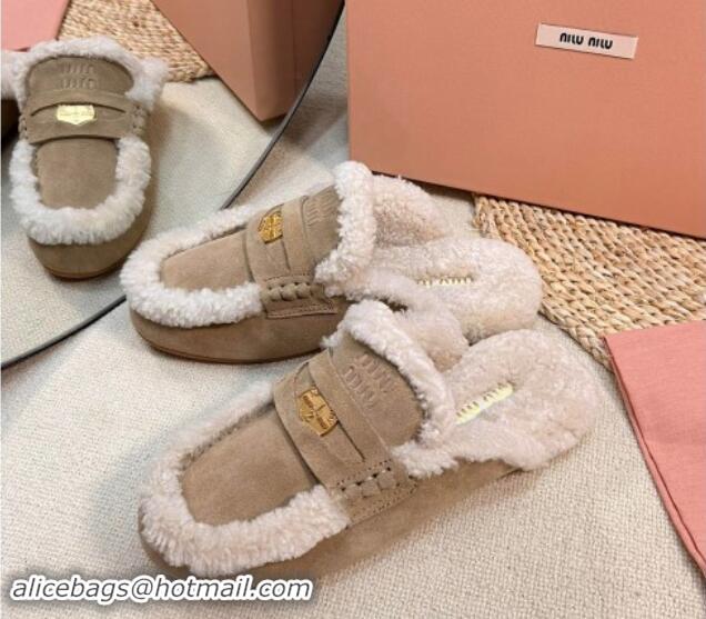 Purchase Miu Miu Suede and Shearling Wool Flat Mules with Coin Beige 1114029