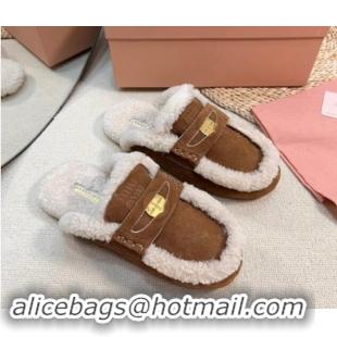 Best Grade Miu Miu Suede and Shearling Wool Flat Mules with Coin Brown 1114030