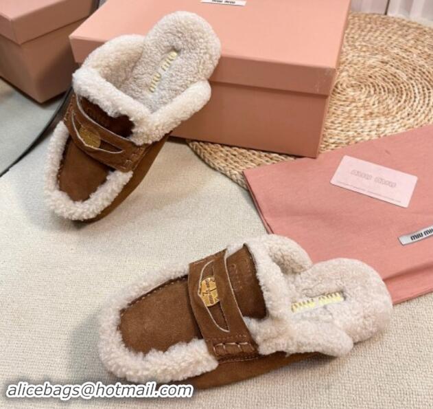 Best Grade Miu Miu Suede and Shearling Wool Flat Mules with Coin Brown 1114030