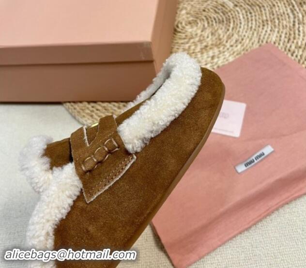 Best Grade Miu Miu Suede and Shearling Wool Flat Mules with Coin Brown 1114030