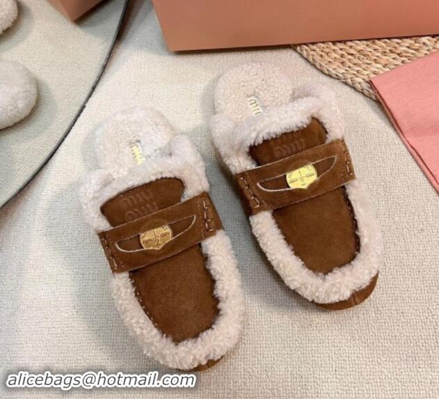 Best Grade Miu Miu Suede and Shearling Wool Flat Mules with Coin Brown 1114030