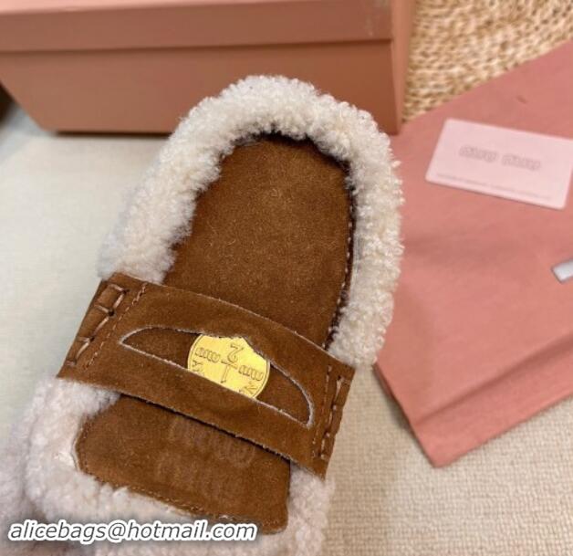 Best Grade Miu Miu Suede and Shearling Wool Flat Mules with Coin Brown 1114030